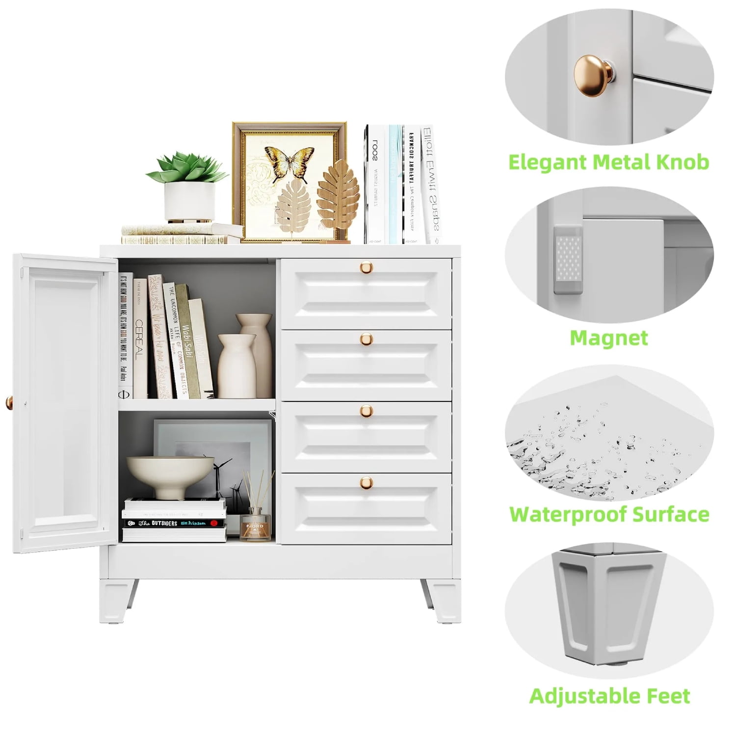 Bathroom Floor Cabinet, Wooden Storage Organizer with 4 Drawers & 1 Door, Free-Standing Cupboard for Bathroom & Kitchen, White