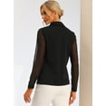 thumbnail image 3 of Blusa con cuello en V para mujer, cuello de solapa, panel de malla, manga farol, elegante camisa de trabajo de oficina Negro S, 3 of 6
