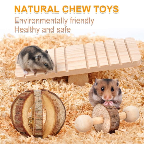 TIMESETL 14 Pack Hamster Chew Toys,Natural Wooden Pine Guinea Pigs Rats Chinchillas Toys Accessories,Dumbbells Exercise Bell Roller Teeth Care Molar Toy for Hamster Rabbits Gerbil Parrot