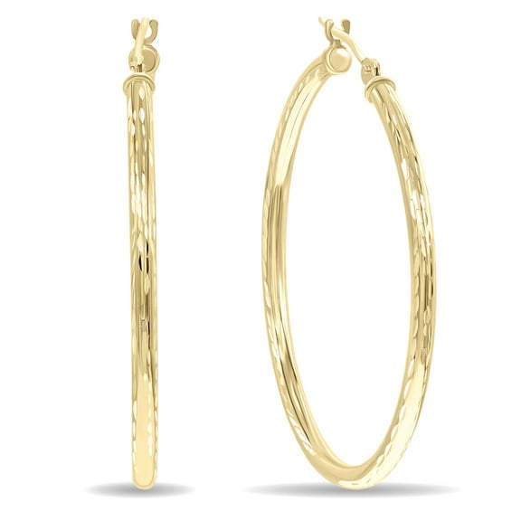 SZUL Women's 10K Yellow Gold Shiny Diamond Cut Engraved Hoop Earrings (35mm)
