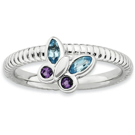 Stackable Expressions Amethyst and Blue Topaz Sterling Silver Butterfly Ring