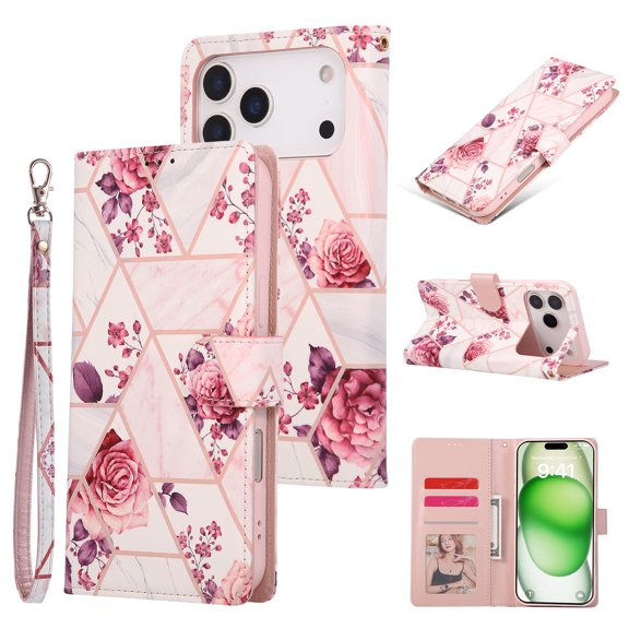 Flip Wallet Case Designed for iPhone 17 Pro Max, Marble Pattern PU Leather Kickstabd with Credit Card Slots Cash Pocket Drop Protective Phone Case Cover for iPhone 17 Pro Max, Rosegold