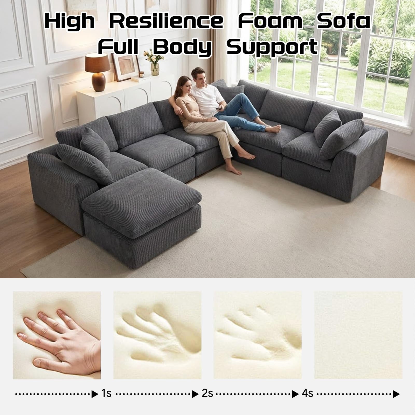 140" Modular 7 Seater Boneless Sofa Sectional Cloud Couches Sofa with Ottoman,No Assembly Required