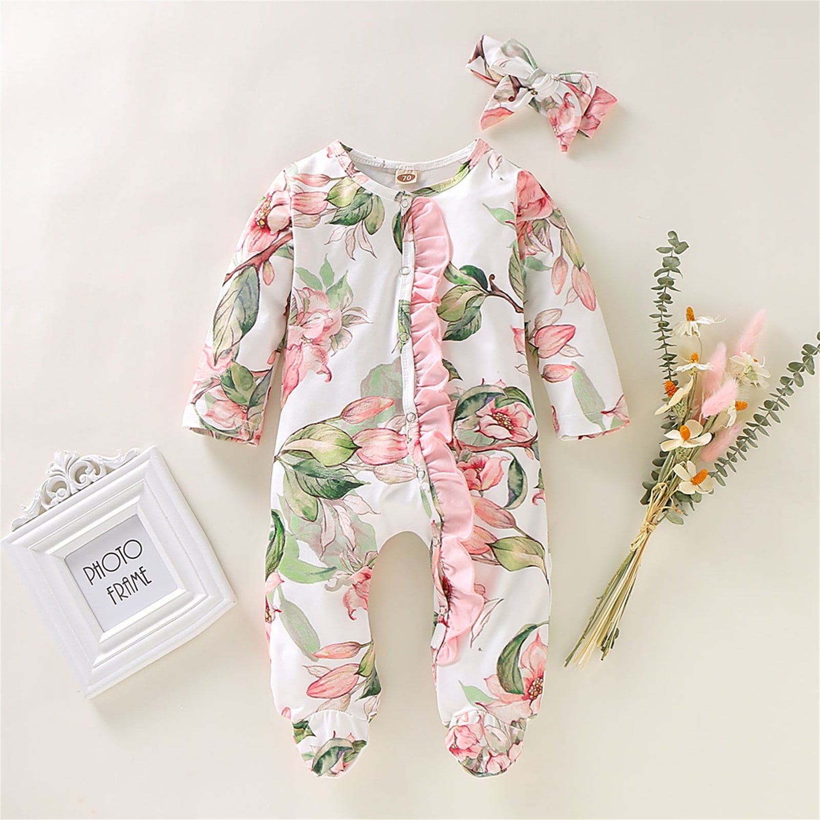 FYDUU Baby Girl Clothes Footed Onesies Floral Long Sleeve Ruffle Romper Jumpsuit Pajamas With Headband Baby Clothing Set Soft Cute Clothes 0-3 Months