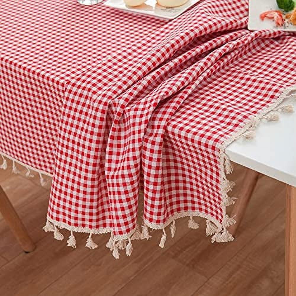 NAMZI Checkered Table Cloth, Vintage Gingham Checkered Tablecloth with Tassel, Red and White Plaid Cotton Linen Table Cover, Rectangle Dustproof Tablecloth for Kitchen Dining Decoration（Red）