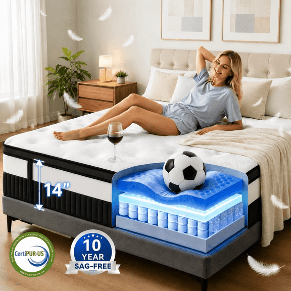 Queen Size Mattress 14" Hybrid Mattress in a Box Gel Memory Foam and Pocket Springs with Motion Isolation, Medium Firm, Pressure Relief, CertiPUR-US®
