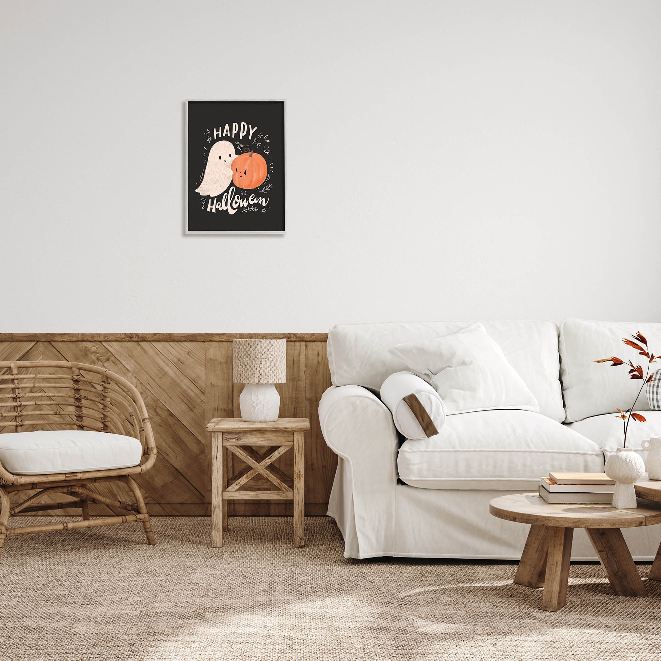 Happy Halloween Smiling Ghost Pumpkin Holiday Graphic Art Gray Framed Art Print Wall Art