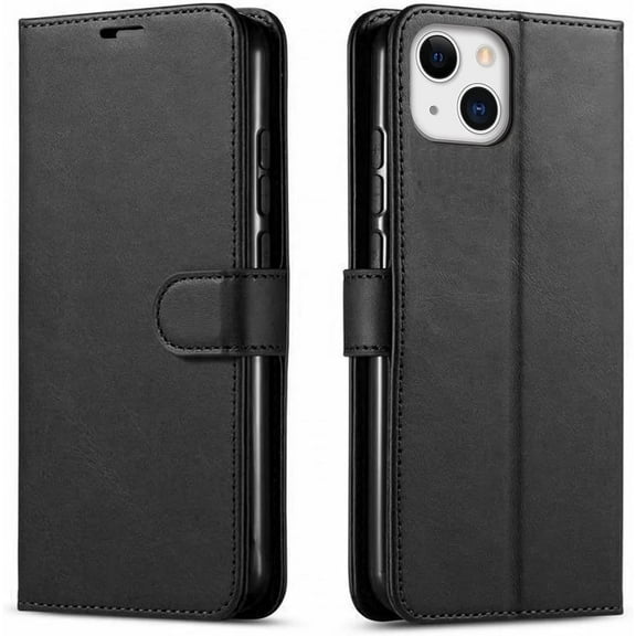 Starshop Wallet Case iPhone 14 Plus, With Tempered Glass Protector, PU Leather Wallet Shockproof Phone Cover Black