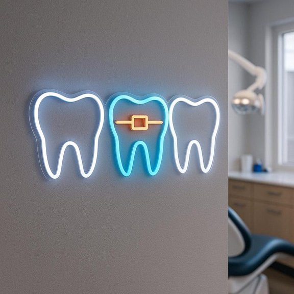 Tooth with a Brace Neon Sign, Teeth Braces Led Neon,Dental Braces Led Light, Dental Clinic Sign, Custom Orthodontist Sign( White and Ice Blue )