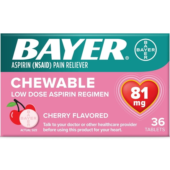 Bayer Chewable Low Dose 'Baby' Aspirin 81 mg Tablets Cherry 36 Tablets (Pack of 2)