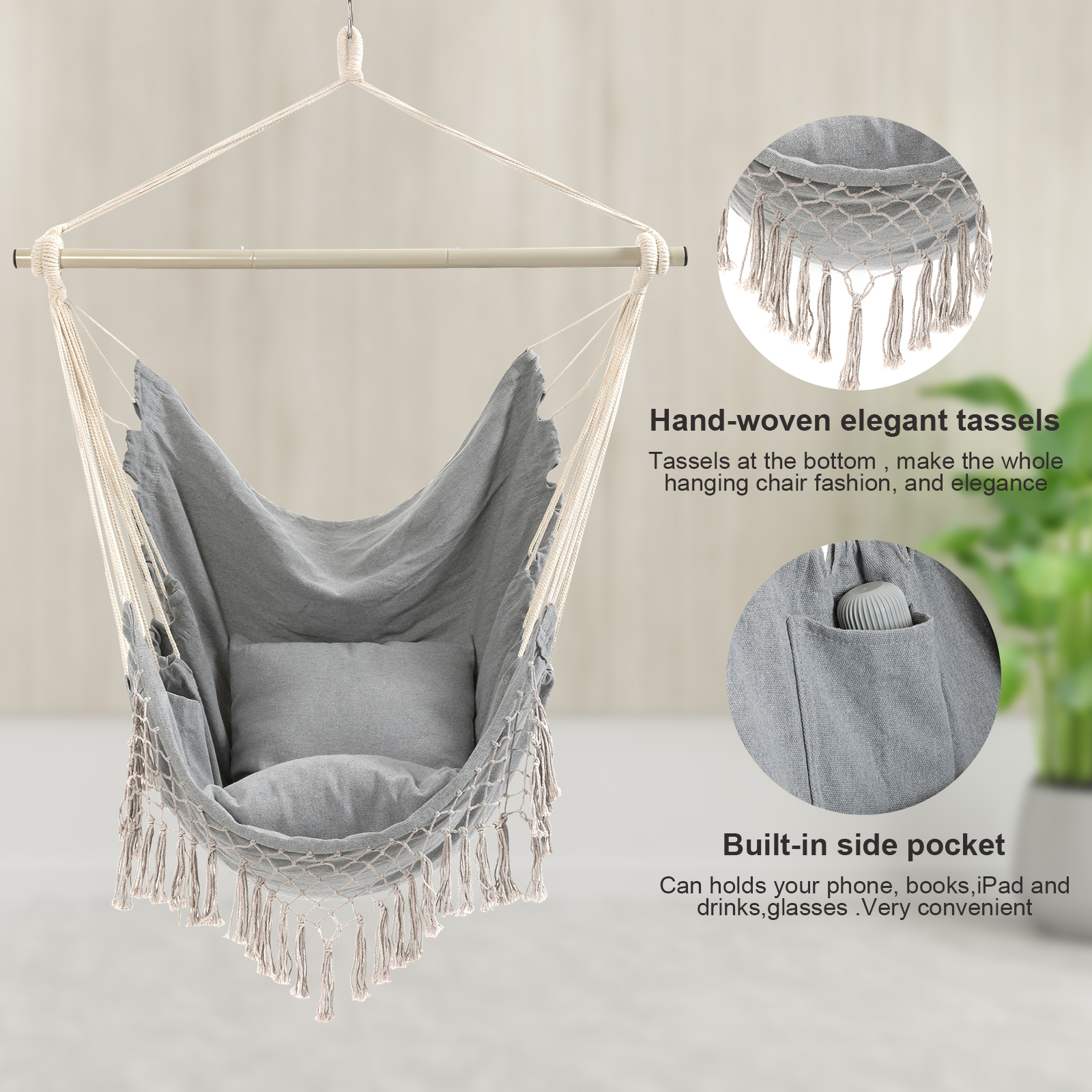 YAERSI Sturdy Lightweight Comfortable Hanging Rope Swing with Cushions, Gray