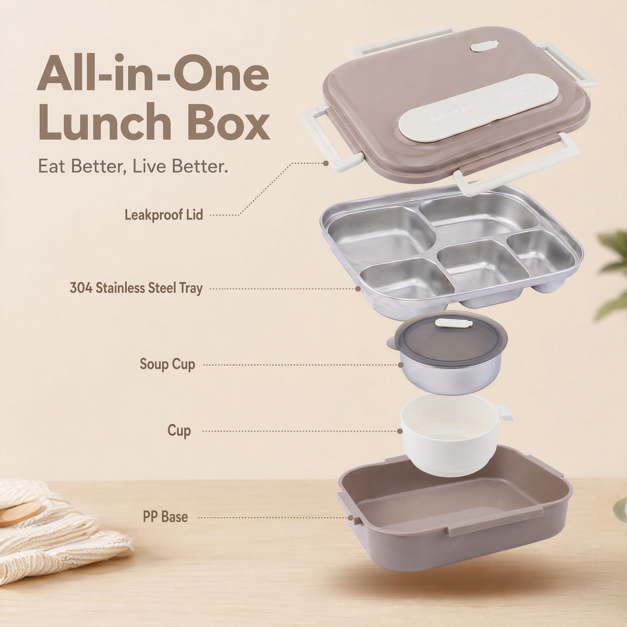 Unique Bargains Compartment Leak-Proof Meal Lunch Bento Box Coffee Brown