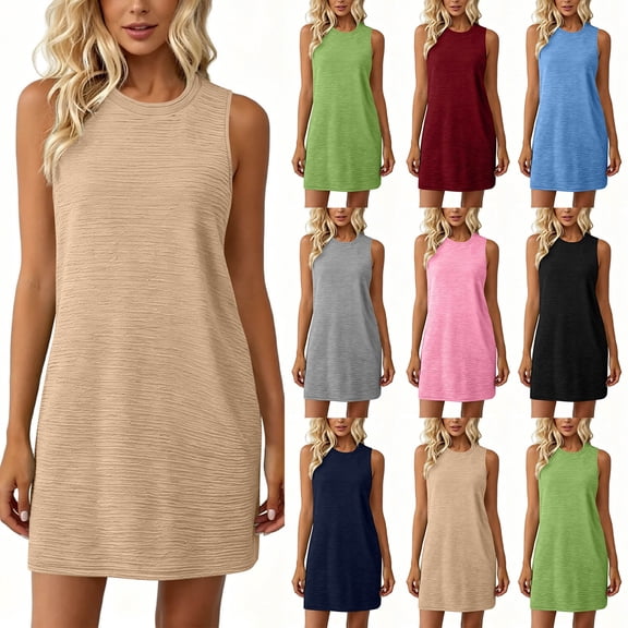 Vivianyo HD Women's Casual Sleeveless Textured Knit Shift Dress, Round Neck Mini Dress with Side Pockets, Women's Black, Sizes S-2XL