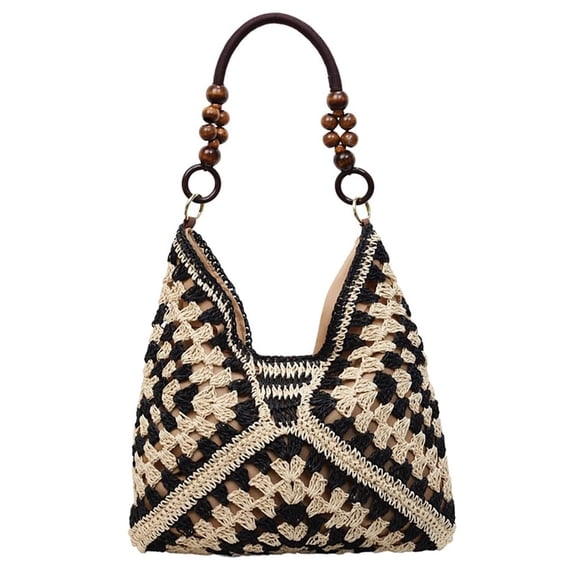 Women's Beaded Straw Woven Beach Bag, Bohemian Handmade Crochet Shoulder Tote Purse for Vacation