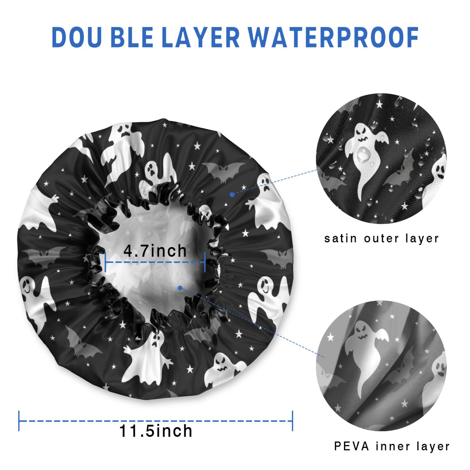 Shower Caps,Black Halloween Ghosts Bats and Stars Waterproof Shower Cap for Women 4 Pieces,Double Reusable Hair Cover for Shower PEVA Elastic Stretch Hem