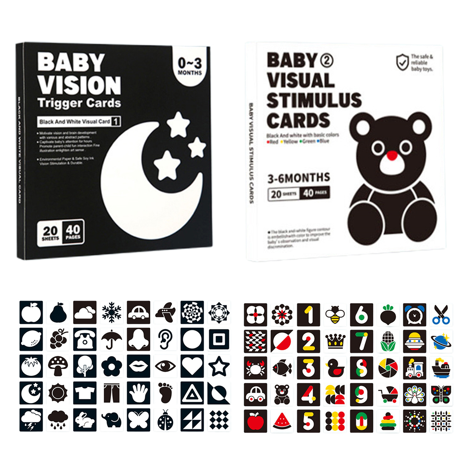 40 Baby Flash-Karten Schwarz-Weiß – Visuelle Stimulation Für Neugeborene, Montessori Spielzeug, Ab 0 Monaten
