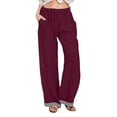 thumbnail image 2 of VBVC Women's Striped Cuffed Linen Wide Leg Pants,Drawstring Elastic Waist Casual Bottoms For Women,Ladies Comfy Beach Summer Trousers with Pockets,Wine,S-3XL, 2 of 10