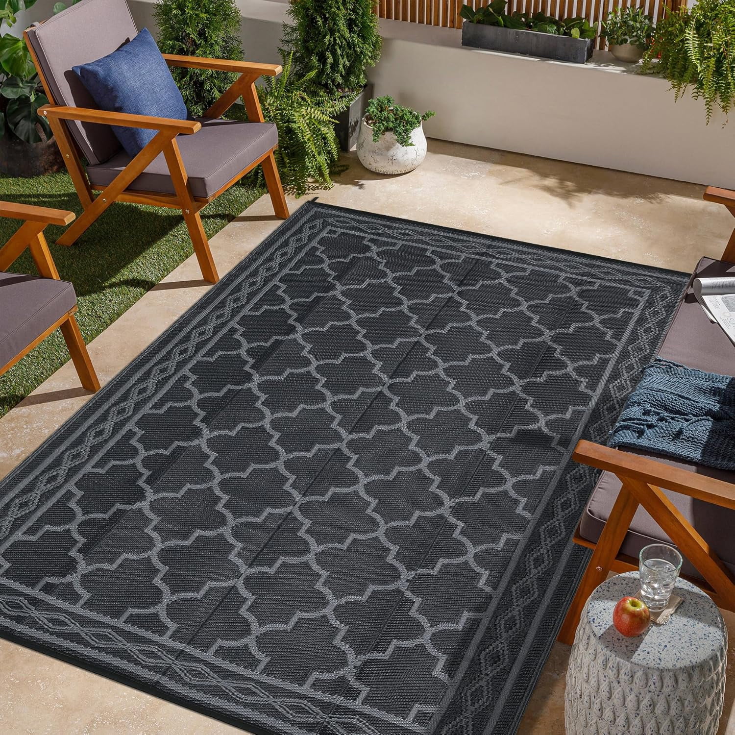 Memoryfield Waterproof Outdoor Rug 10x14ft for Patios, Plastic Straw Rug Outside Carpet Mats for Picnic, Backyard, Deck, Balcony, Porch, Beach, Black & Gray