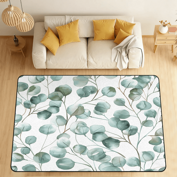 CURLYOOT Spring Summer Area Rugs for Living Room Bedroom, 4' 10" x 6' 8" Washable Rug, Eucalyptus Floral Floor Carpet with Non Slip Backing for Dining Room Indoor
