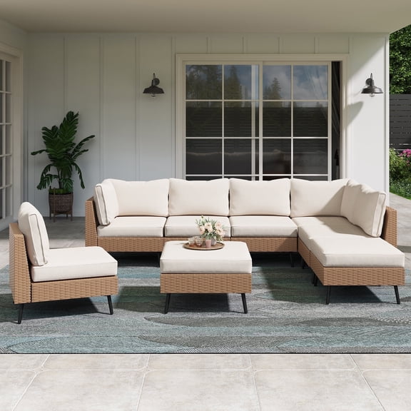 LAUSAINT HOME 8 Pieces Outdoor Furniture Set, Patio Rattan Wicker Sectionals with 6 Chairs and 2 Ottomans, Beige Cushions