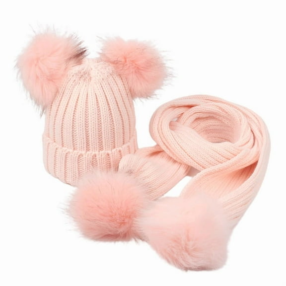ZUARFY Toddler Kids Winter Warm Ribbed Knit Beanie Hat with Long Scarf Set Solid Color Cute Double Pom Pom Ear Cuffed Skull Cap