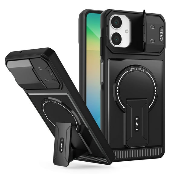 for Samsung Galaxy A07 Case, Compatible with MagSafe, Camera Flip Cover, Magnetic Bracket, Rugged Shockproof Drop Protection Durable Protective for Men & Women Hard PC Back Case, Black