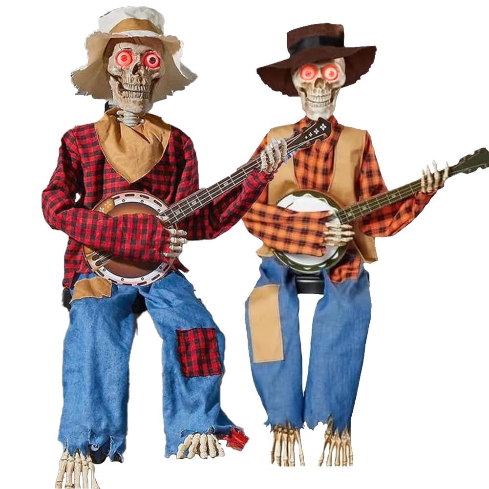 Squelette Halloween Avec Banjo - Statue Articulée Yeux Lumineux, Décor Effrayant Pour Jardin Et Fête - 2
