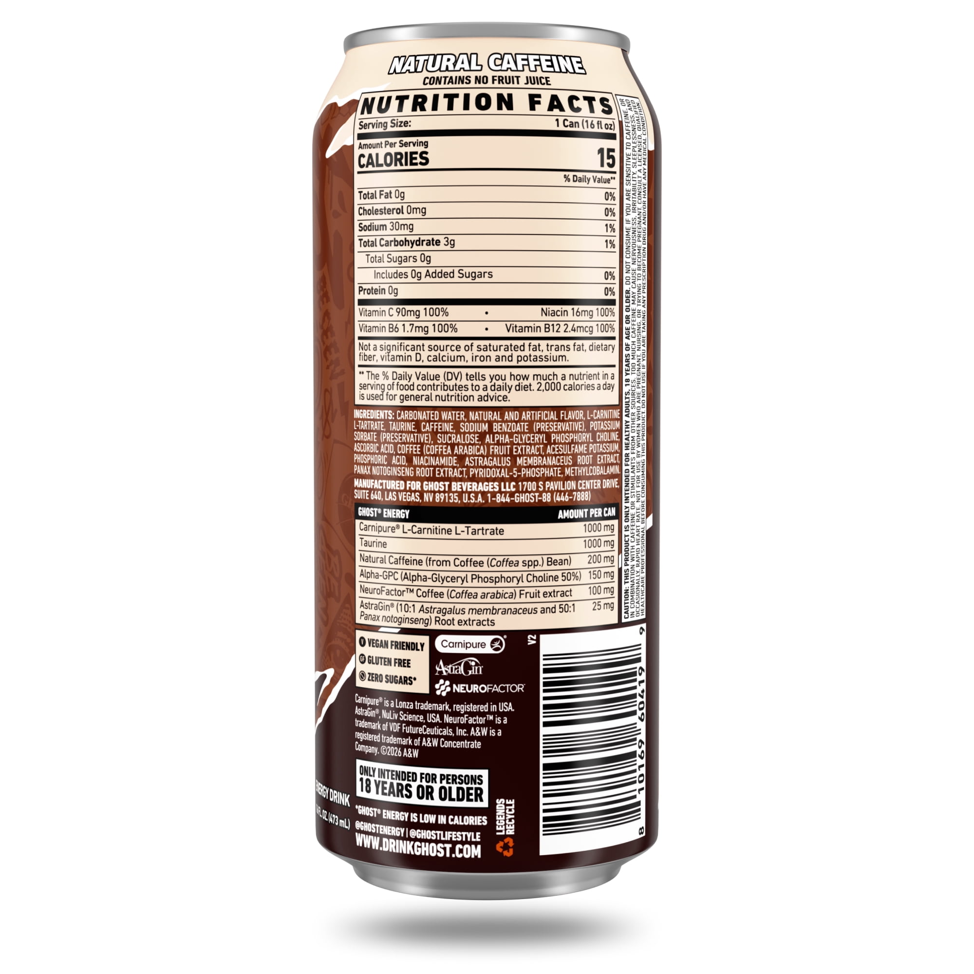 GHOST® ENERGY Zero Sugar Energy Drink, A&W Root Beer, 200mg Natural Caffeine, 16 fl oz Single Can