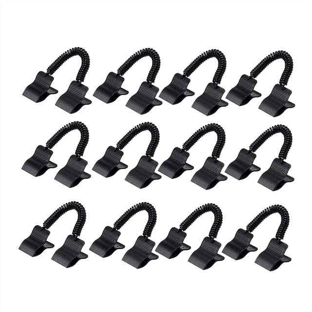 12 Pcs Swimming Pool Cover Clips for Above Ground Pools Solar Cover Reel Attachment Kit. These black plastic clips feature a heavy-duty stainless steel spring and an innovative spring rope design for securing solar covers on round or oval above-ground pools. The set includes 12 clips, designed for durability and easy installation, ensuring the solar cover remains centered and effective in maintaining pool temperature.