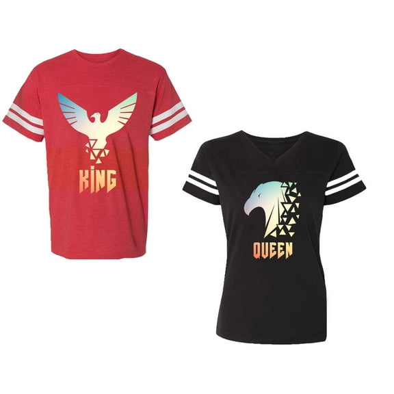 King Queen Eagle Sunny Unisex Couple Matching Cotton Jersey style T-Shirt Contrasting stripes on sleeves (Men Red / Women Black) (Men S / Women S)