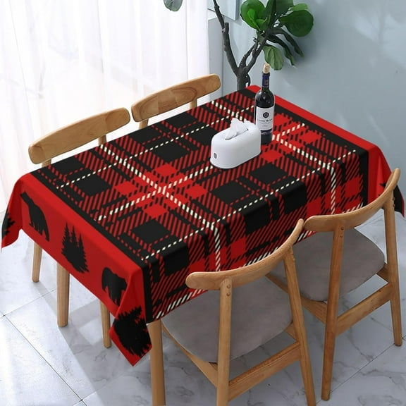“N/A” Tablecloth Rectangle Cabin Black Bear Red Plaid Polyester Fabric Table Cloth, Water Resistant & Wrinkle Free Table Cover for Kitchen and Dining Room Tabletop 54"x72" (4-6 Seats)