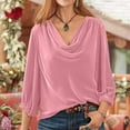 thumbnail image 2 of Women Velvet T Shirts Casual 3/4 Sleeve Solid Shirt Cowl Neck Drape Ruched Front Long Sleeve Blouses Tops, 2 of 2