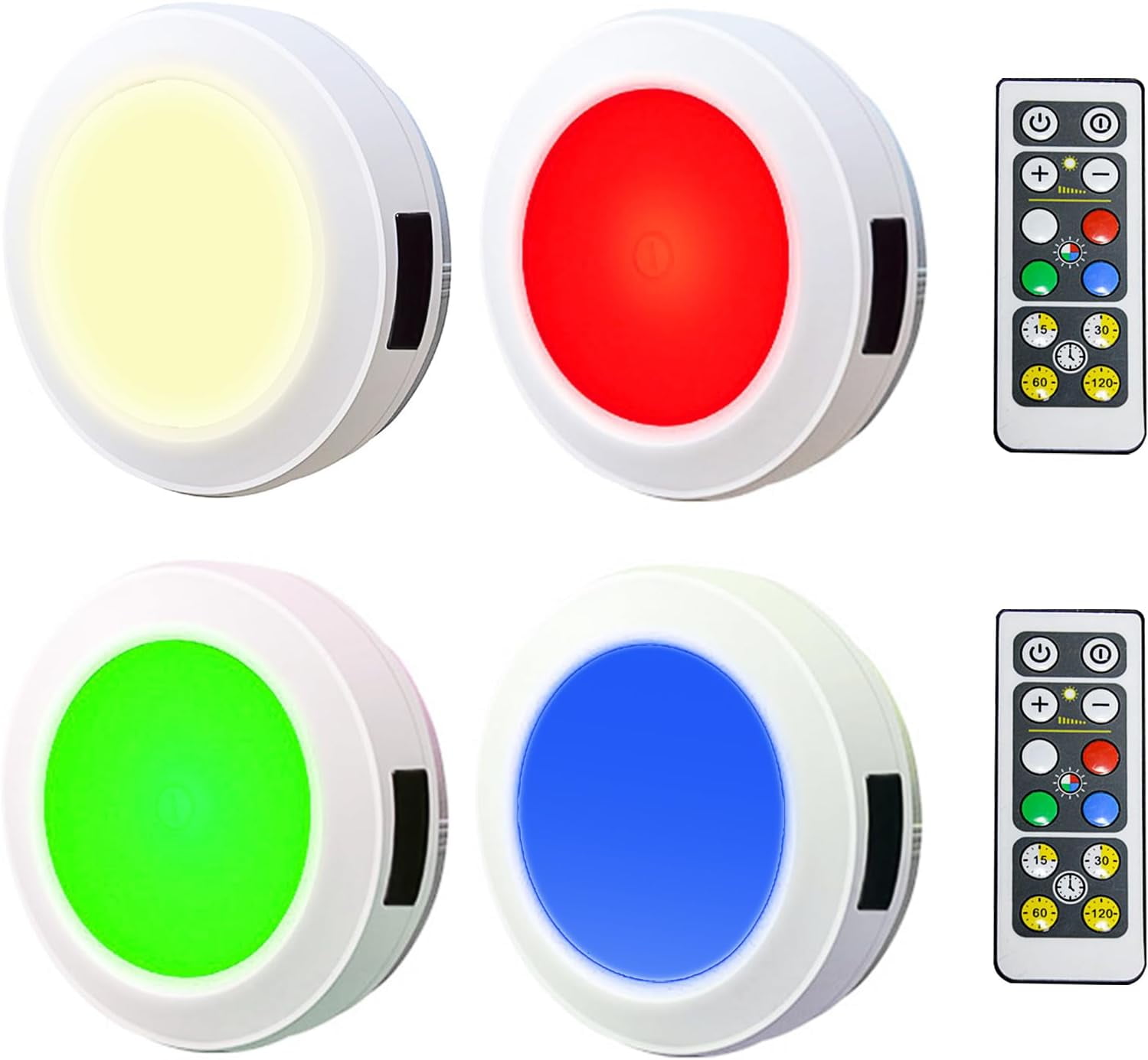 RGHJAR-Push Light, LED Puck Lights with Remote, Battery Operated RGB Fairy Lights Wireless Touch Tap Light Dimmable Closet Cabinet Lighting for Stick Voice Level Classroom