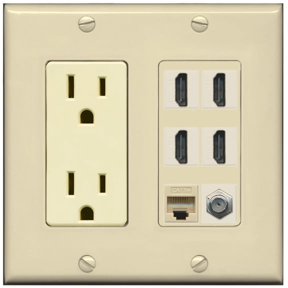 Riteav 15A Power Outlet, 4 HDMI, 1 Cat5e Ethernet, 1 Coax Cable TV Wall Plate - Ivory
