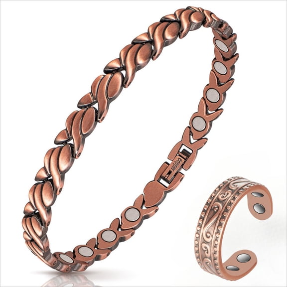 Wollet Copper Magnetic Bracelets for Women , Pure Copper Ring Jewelry Set, Valentine's Day Gift