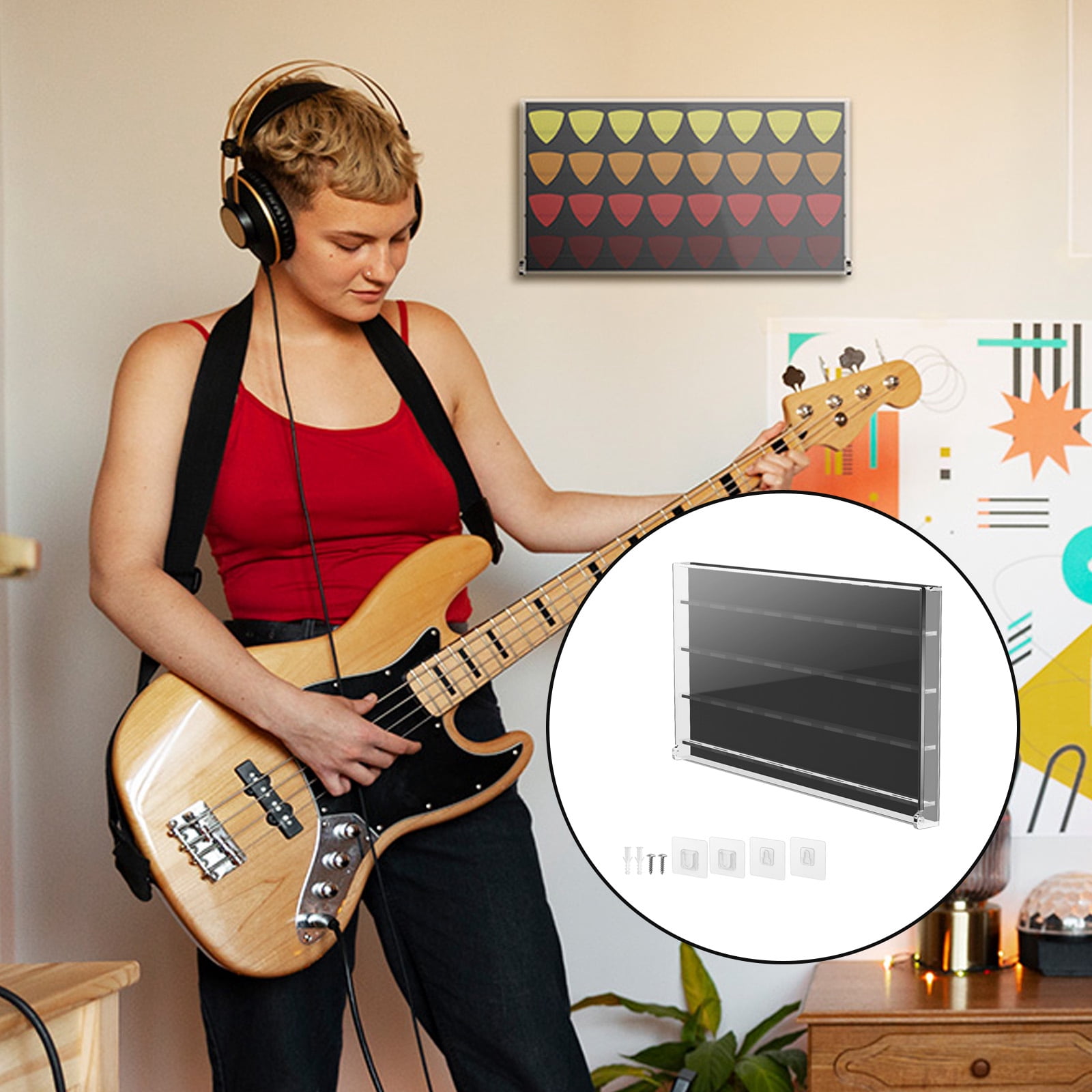 RUISINERY Practical Guitar Pick Holder Case Holds 32 Picks Wall Mountable Storage Organizers with Cover Acrylic Texture