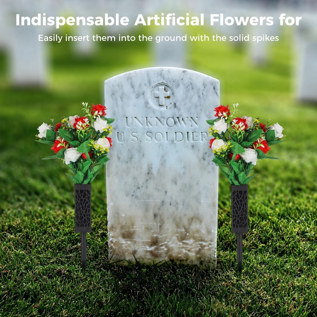 2 Sets Artificial Cemetery Flowers, Memorial Flowers, Beautiful Arrangements for Headstones, Black Plastic Vase Base with Drainage Holes Long Spikes for Outdoor Memorials