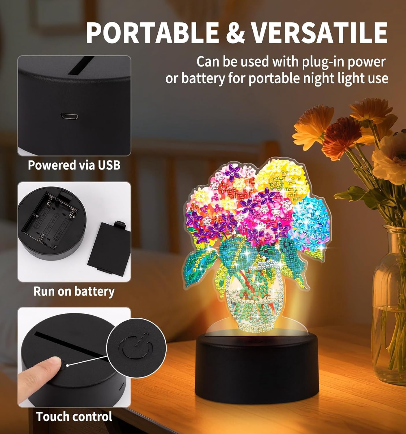 Flower Diamond Painting Night Light, Touch Lamp Desktop Ornament for Adults Beginners, Bedroom Living Room Decor