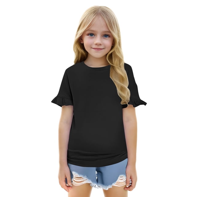T-shirts pour Filles Unis, Hauts à Manches Courtes pour Filles, Col Rond, Hauts d'Été pour Filles, Chemises pour Filles 5-6 Ans, Mode pour Filles