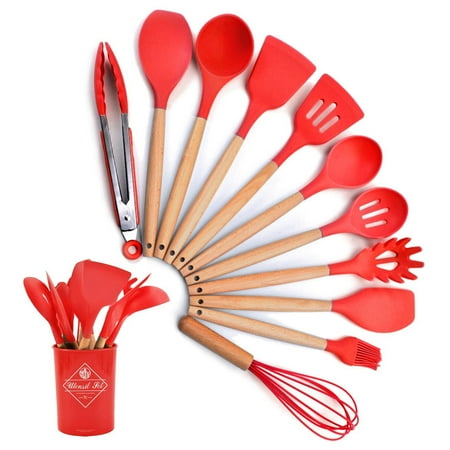 

Juyafio Silicone Cooking Utensil Set with Holder Wooden Handle Kitchen Tools Heat-Resistant for Nonstick Cookware