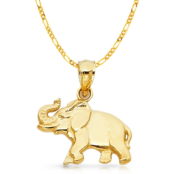 14K Yellow Gold Elephant Charm Pendant with 1.9mm Figaro 3 1 Chain Necklace