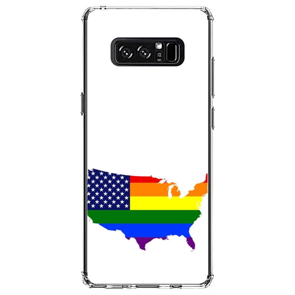 DistinctInk Clear Shockproof Hybrid Case for Samsung Galaxy Note 8 - TPU Bumper, Acrylic Back, Tempered Glass Screen Protector - US Map Gay Pride Flag - LGBTQ Support