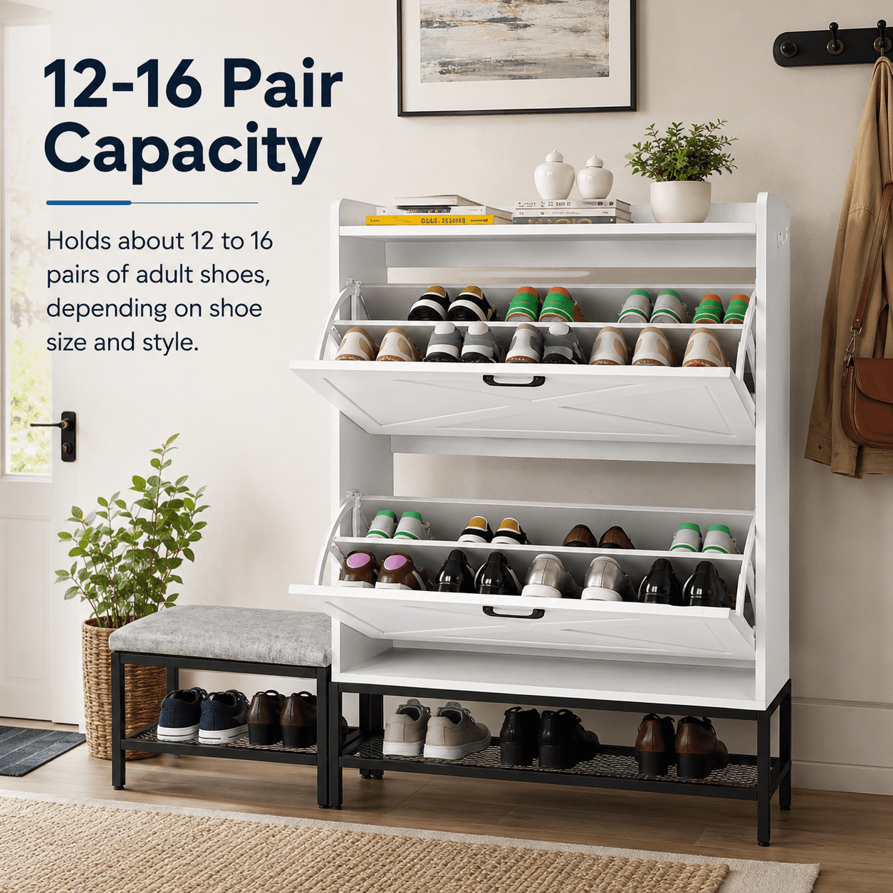 Alvantor Shoe Cabinet with Bench, 2 Flip-Down Barn Doors, Holds 12-16 Pairs, 47.2" W, White