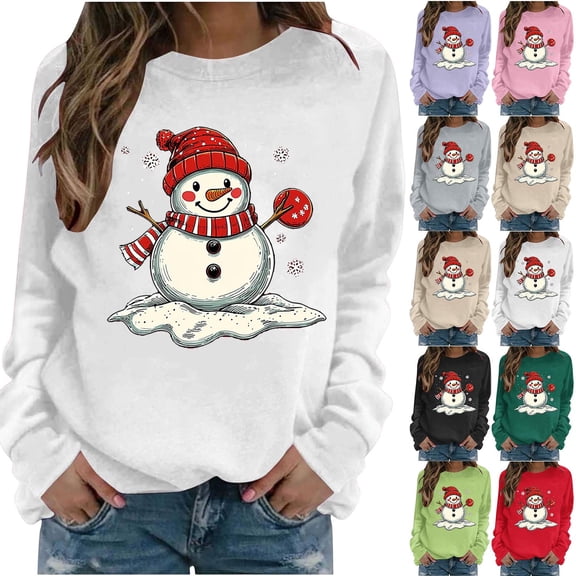 Jsaierl Women's Christmas Sweatshirts Funny Snowman Graphic Sweatshirt Party Work Pullover Crewneck Holiday Long Sleeve Tops S-2XL