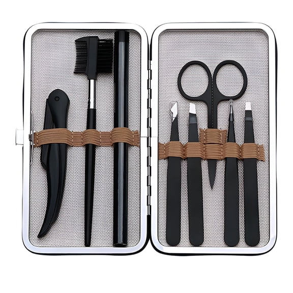 8PCS Eyebrow Tweezers Kit for Women & Men, Stainless Steel Eyebrow Grooming Set with Razor, Scissors, Pencil, Brush & Storage Case
