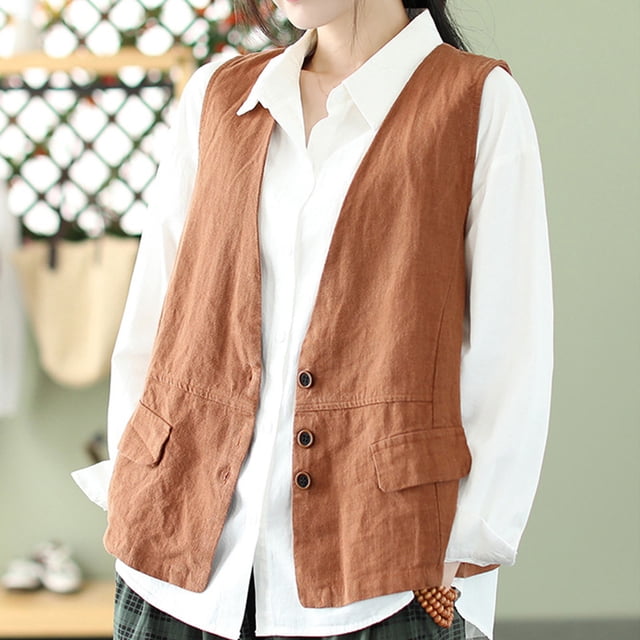 Mareep Blouses Sans Manches pour Femmes M-2TG Veste Ample en Coton Sergé Rétro
