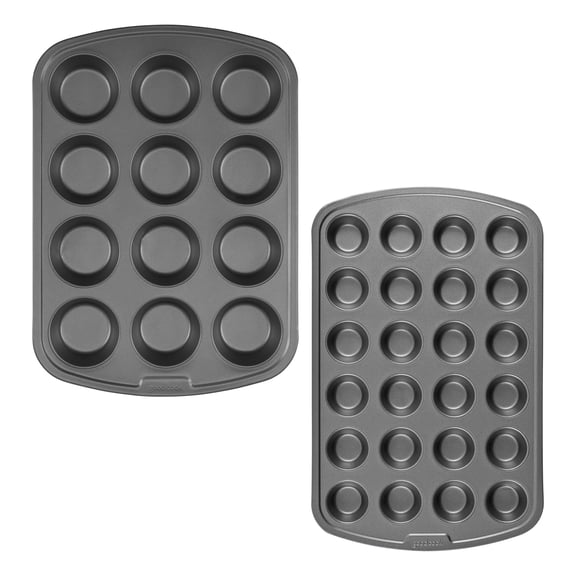 GoodCook Set of 2 Nonstick 12 cup standard and 24 cup mini Muffin Pan, Gray