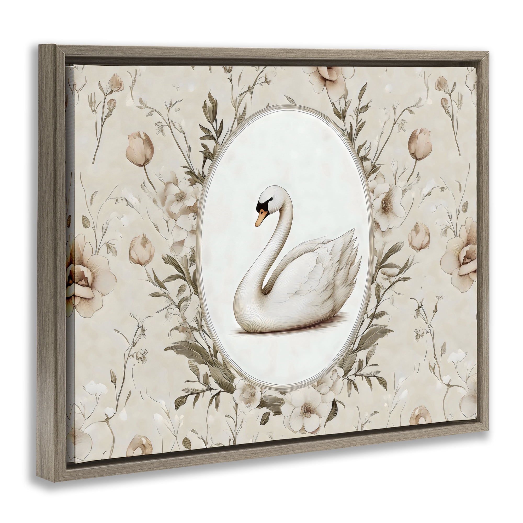 Stupell Industries Swan Vignette in Floral Border Brown Framed Floater Canvas Wall Art, design by Arlington Prints
