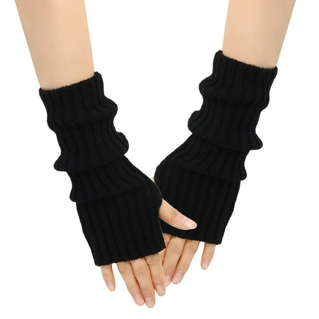GDREDA Solid Knit Fingerless Mittens Warm Winter Handwear Texting Touchscreen Gloves For Cold Weather And Comfort Black,One Size