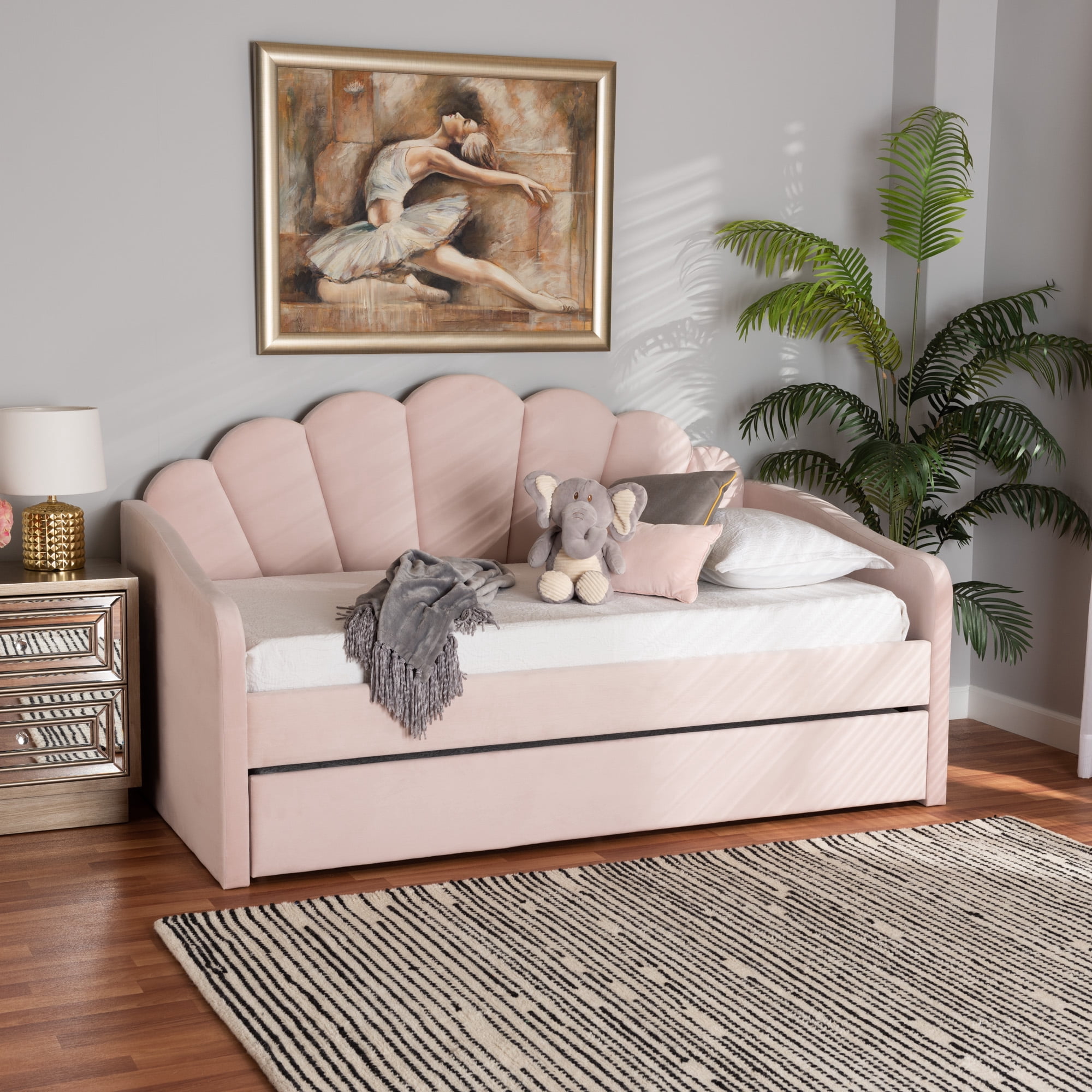 Baxton Studio Kids Modern Timila Daybed with Trundle, Light Pink